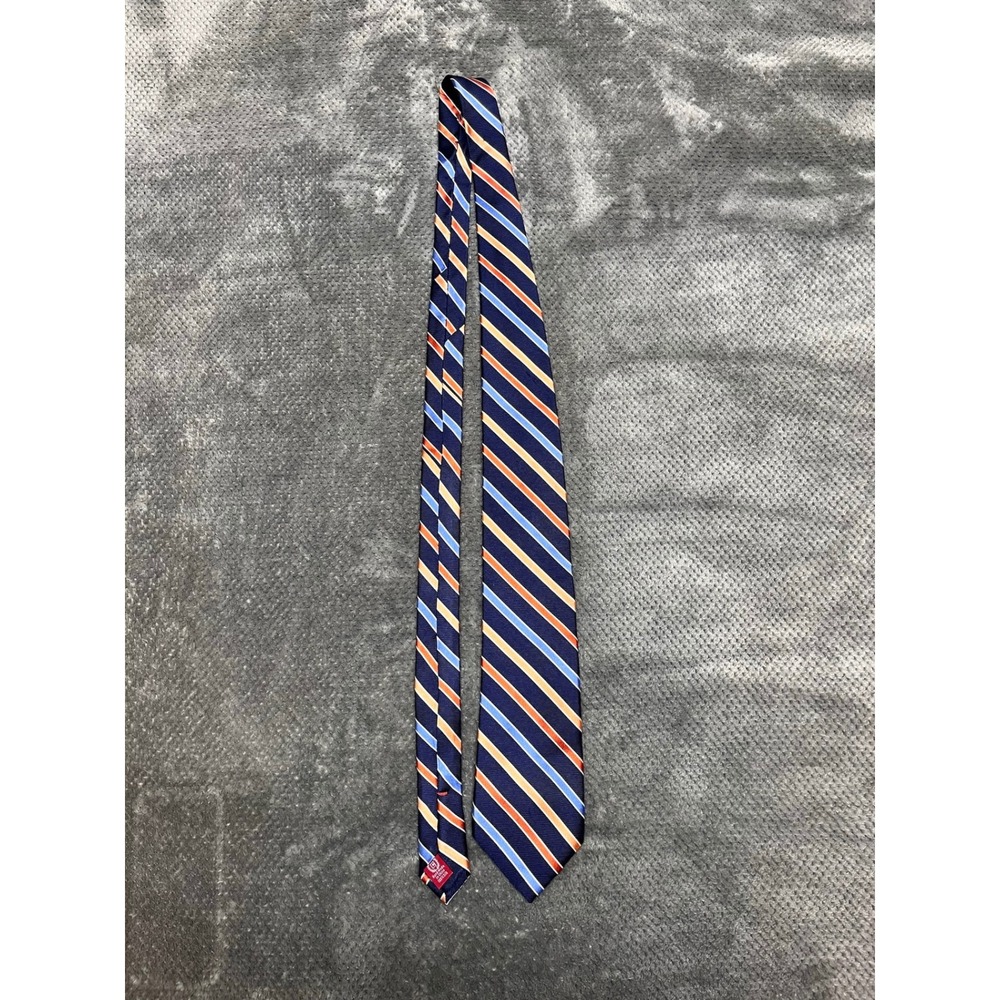 Chaps Mens Silk Necktie Navy Blue Orange Light Blue Striped Formal Business Tie - Picture 2 of 6